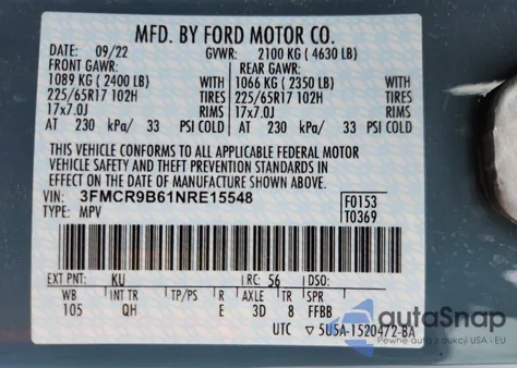 2022 Ford Bronco Sport Big Bend из США, поврежденный, VIN 3FMCR9B61NRE15548